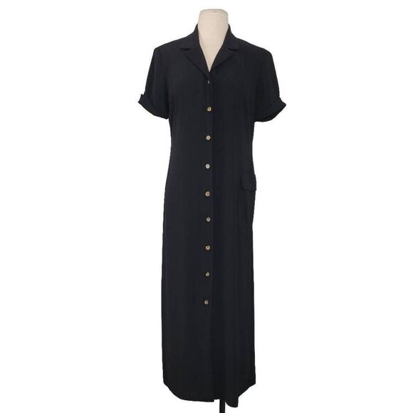 Vintage Talbots‎ Petites Black Button Front Polo Maxi Dress Sz 0 Cargo Made USA - Picture 1 of 8